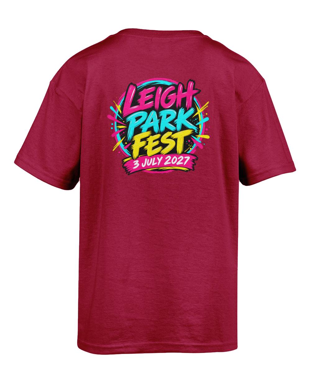 Back of the Antique Cherry Leigh Park Fest 2027 T-shirt with the festival design and 3 July 2027 date.