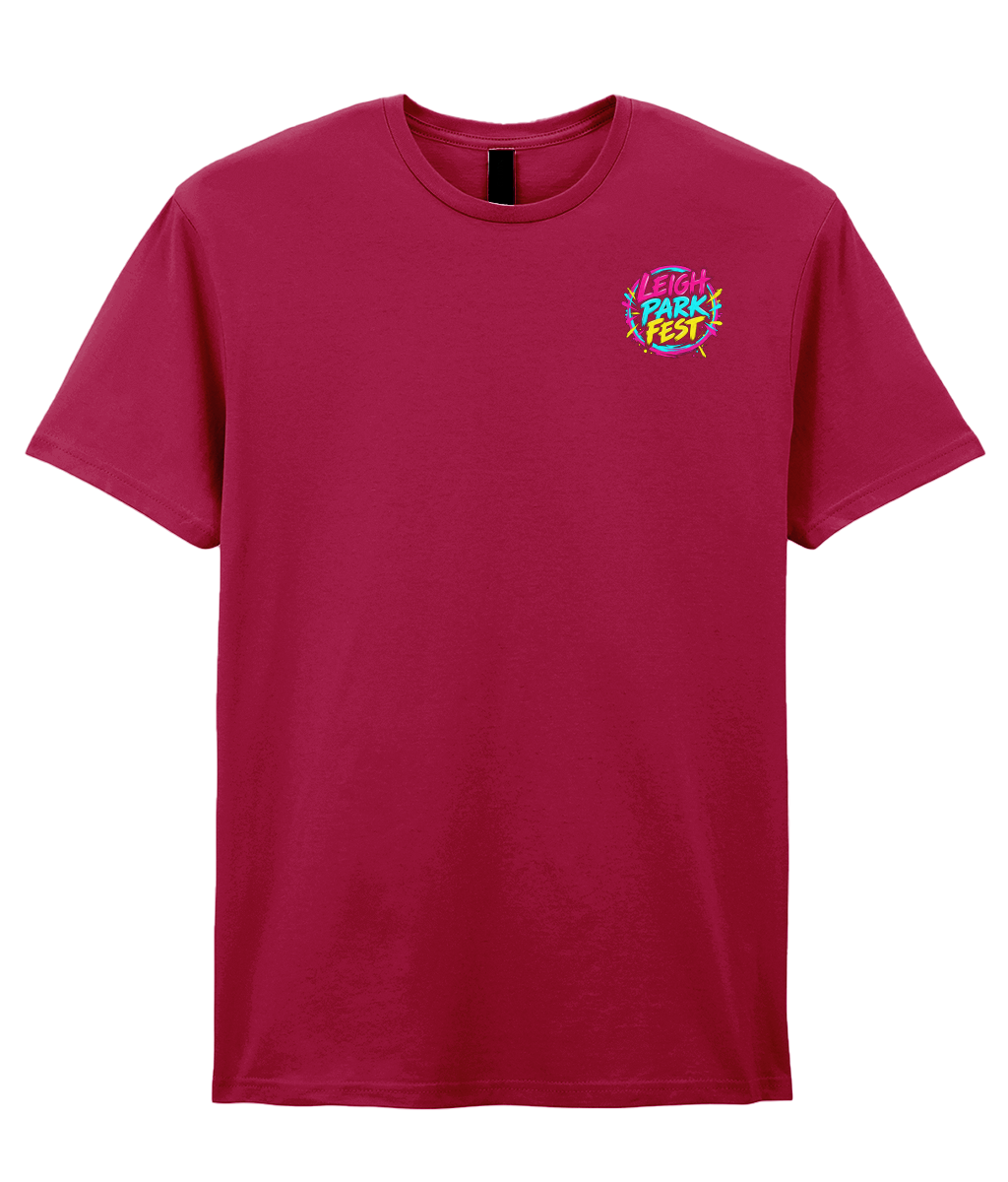 Front of the Antique Cherry Leigh Park Fest 2027 T-shirt with the festival logo on the left chest.