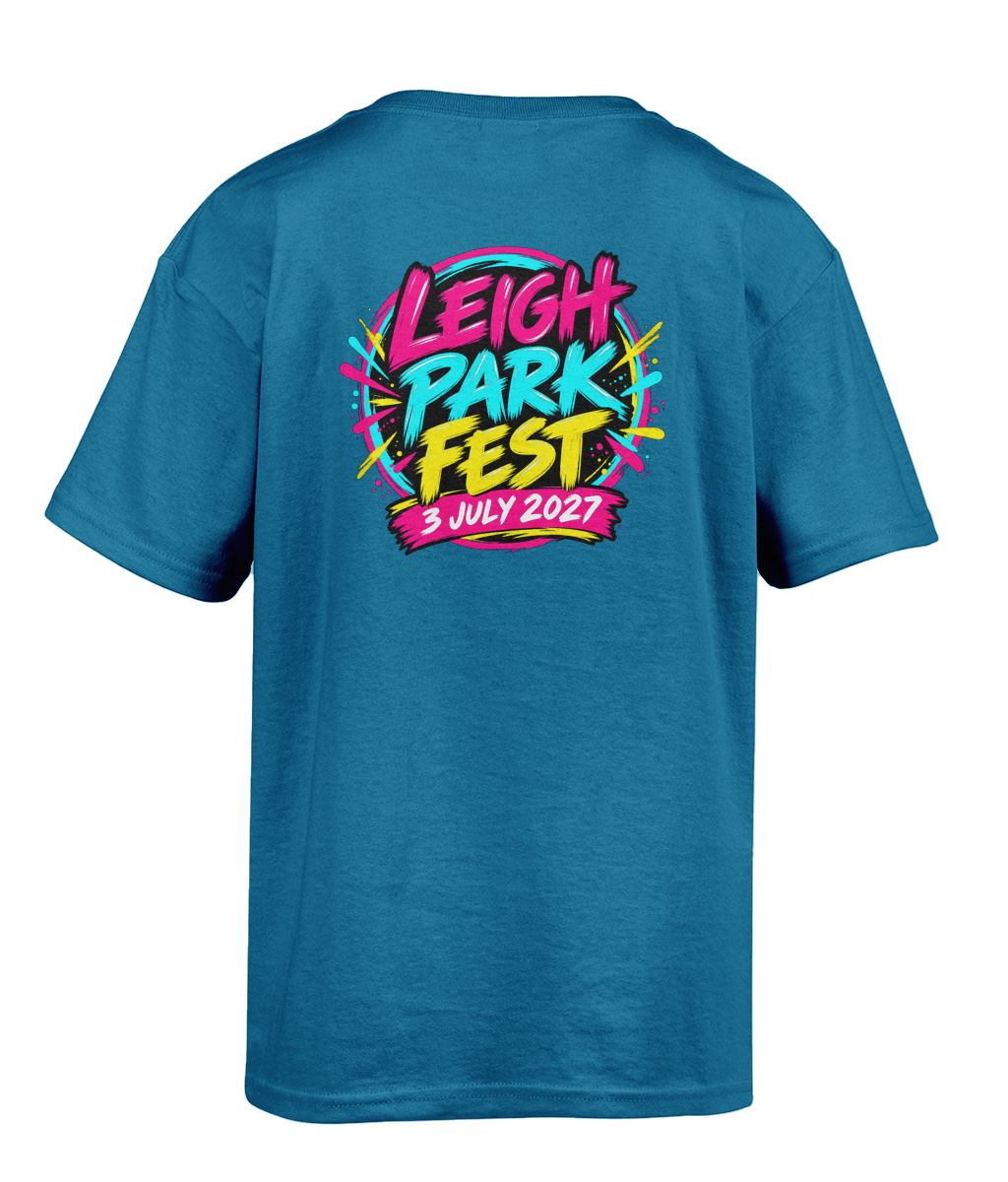 Back of the Antique Sapphire Leigh Park Fest 2027 T-shirt with the festival design and 3 July 2027 date.
