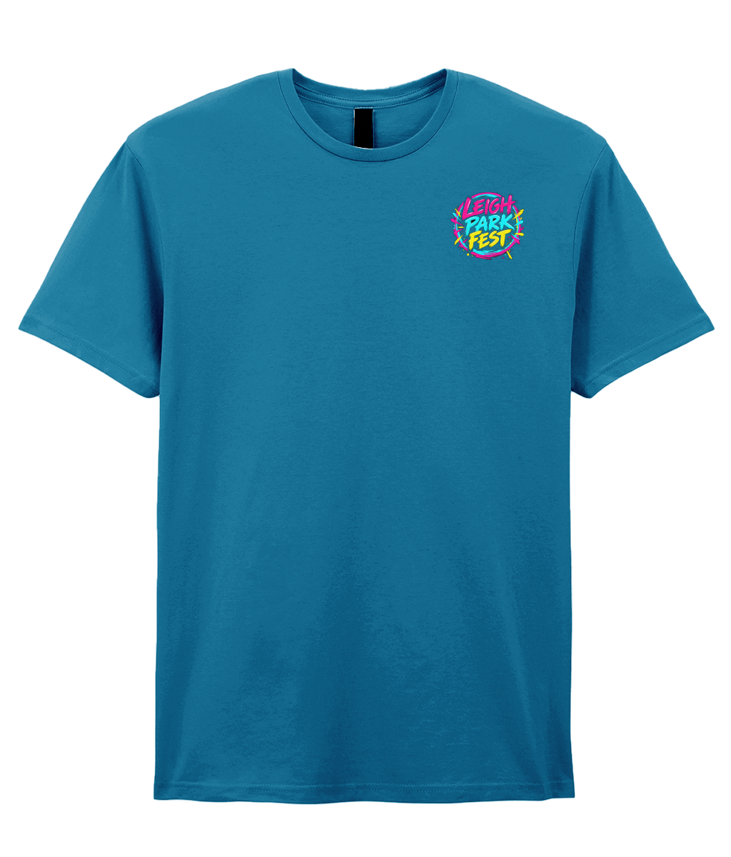 Front of the Antique Sapphire Leigh Park Fest 2027 T-shirt with the festival logo on the left chest.