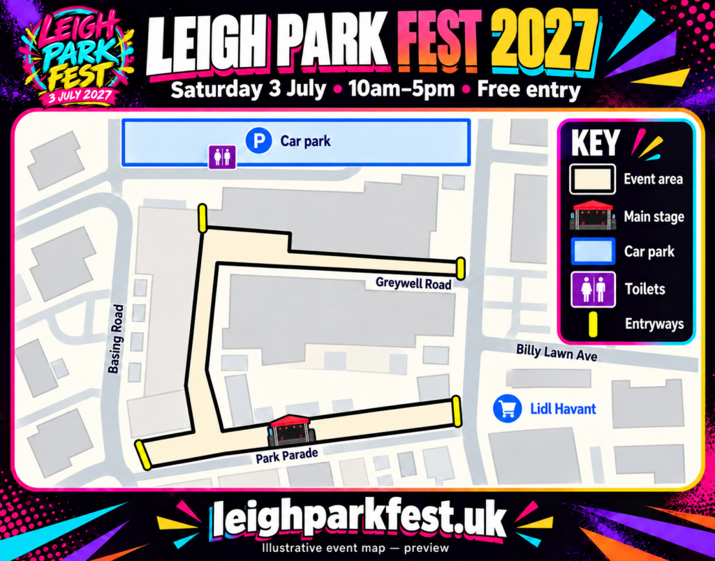 Illustrative Leigh Park Fest 2027 site map showing the event area, main stage on Park Parade, car park, toilets and four entryways.