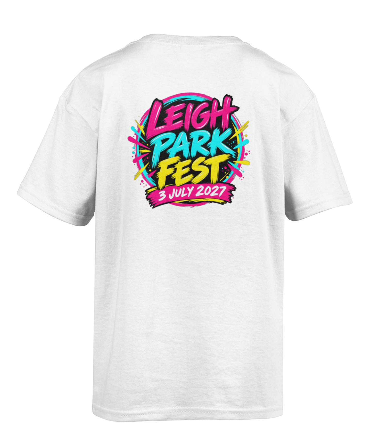 Back of the white Leigh Park Fest 2027 T-shirt with the festival design and 3 July 2027 date.