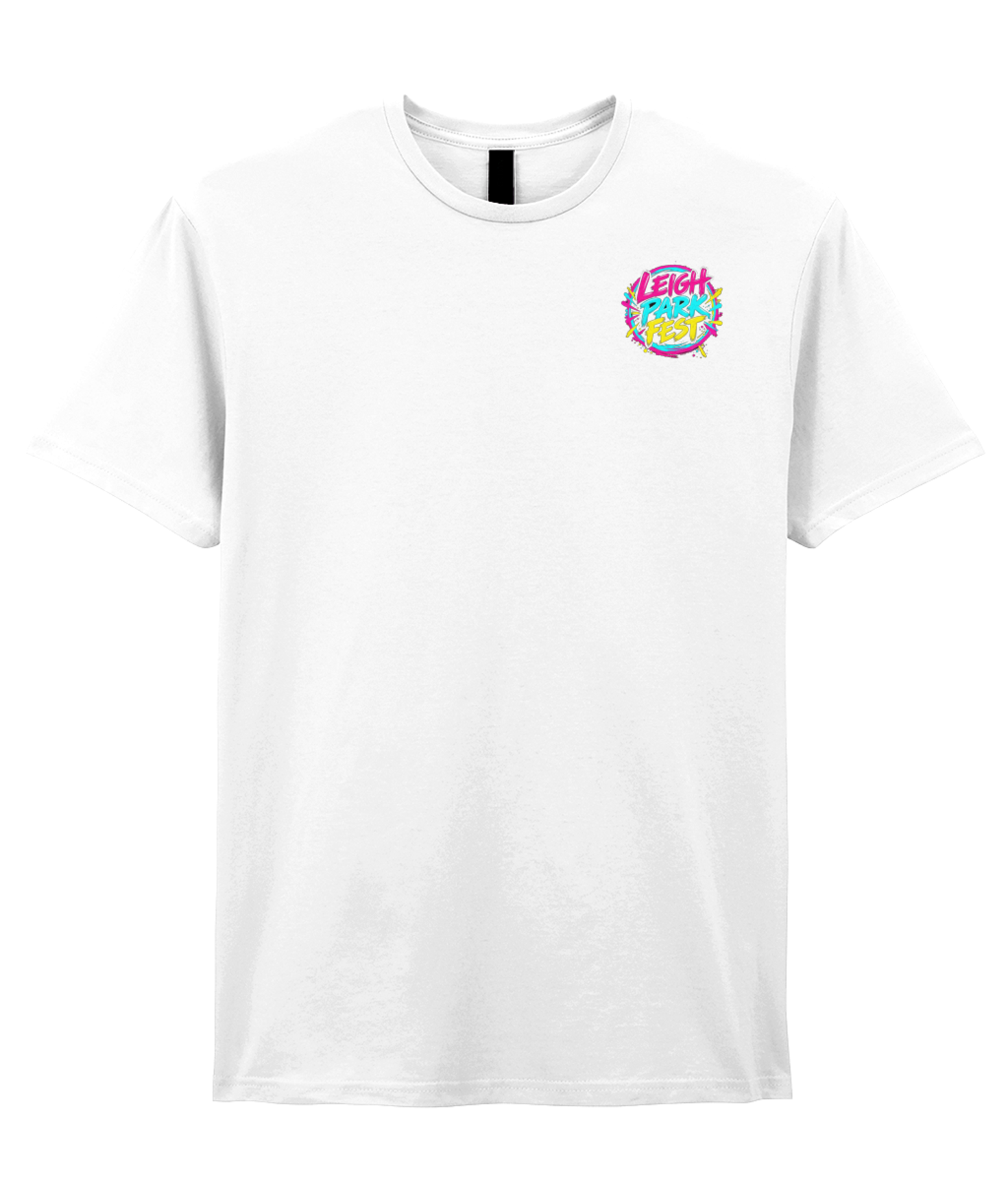 Front of the white Leigh Park Fest 2027 T-shirt with the festival logo on the left chest.