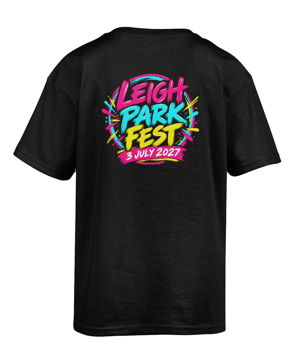 Back of a black Leigh Park Fest 2027 T-shirt with a large colourful festival logo and the date 3 July 2027.