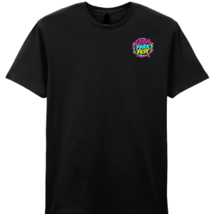 Front of a black Leigh Park Fest 2027 T-shirt with the colourful festival logo on the left chest.