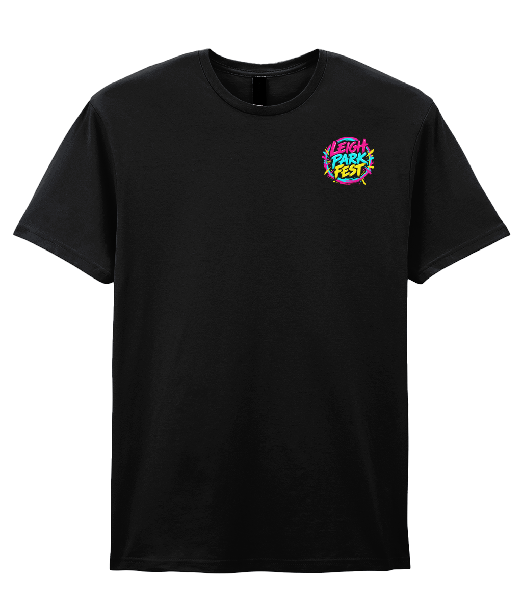 Front of a black Leigh Park Fest 2027 T-shirt with the colourful festival logo on the left chest.