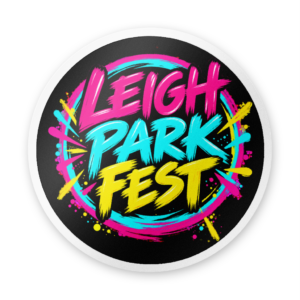 Round Leigh Park Fest logo sticker with pink, turquoise and yellow lettering on black and a white border.